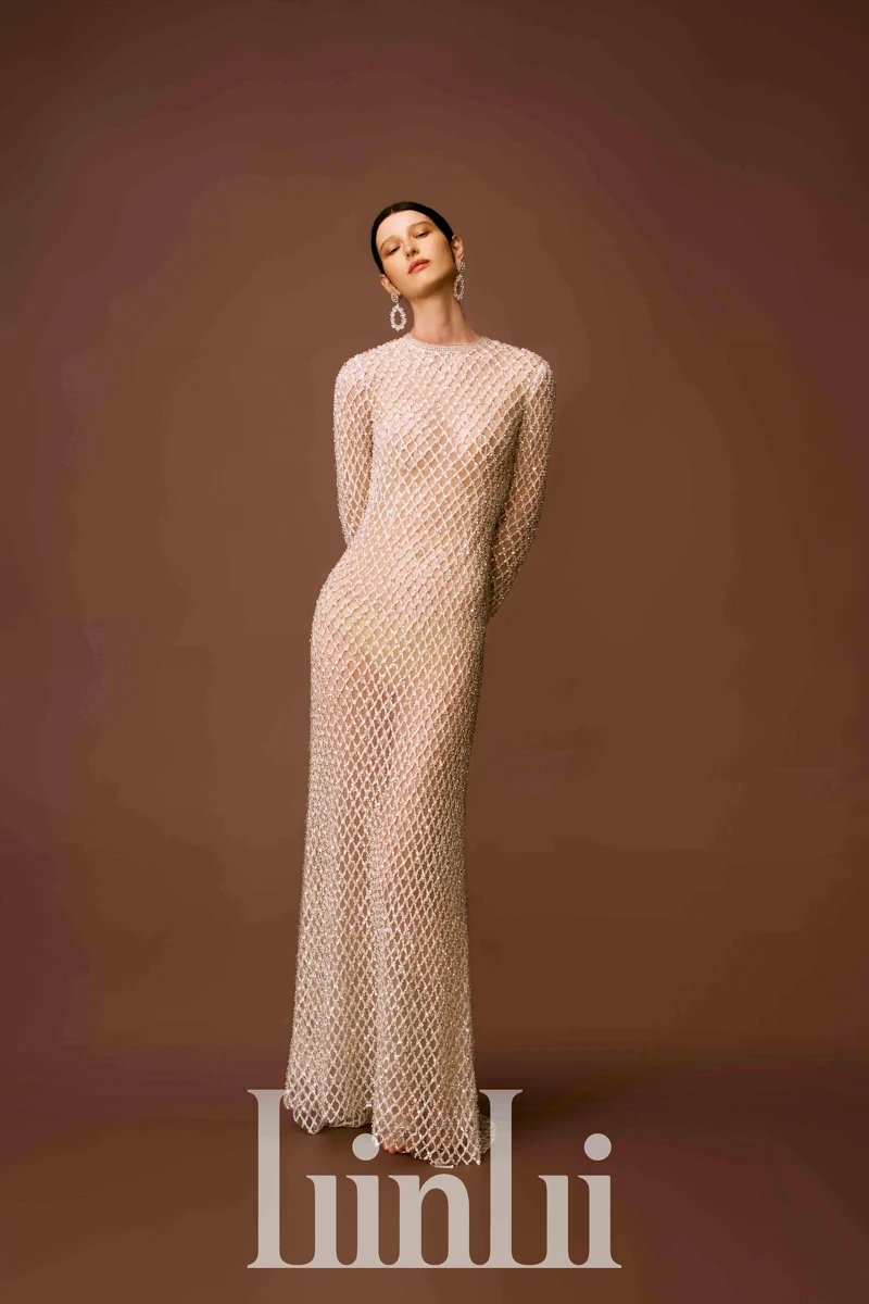 大網格星鑽直身長袖白紗