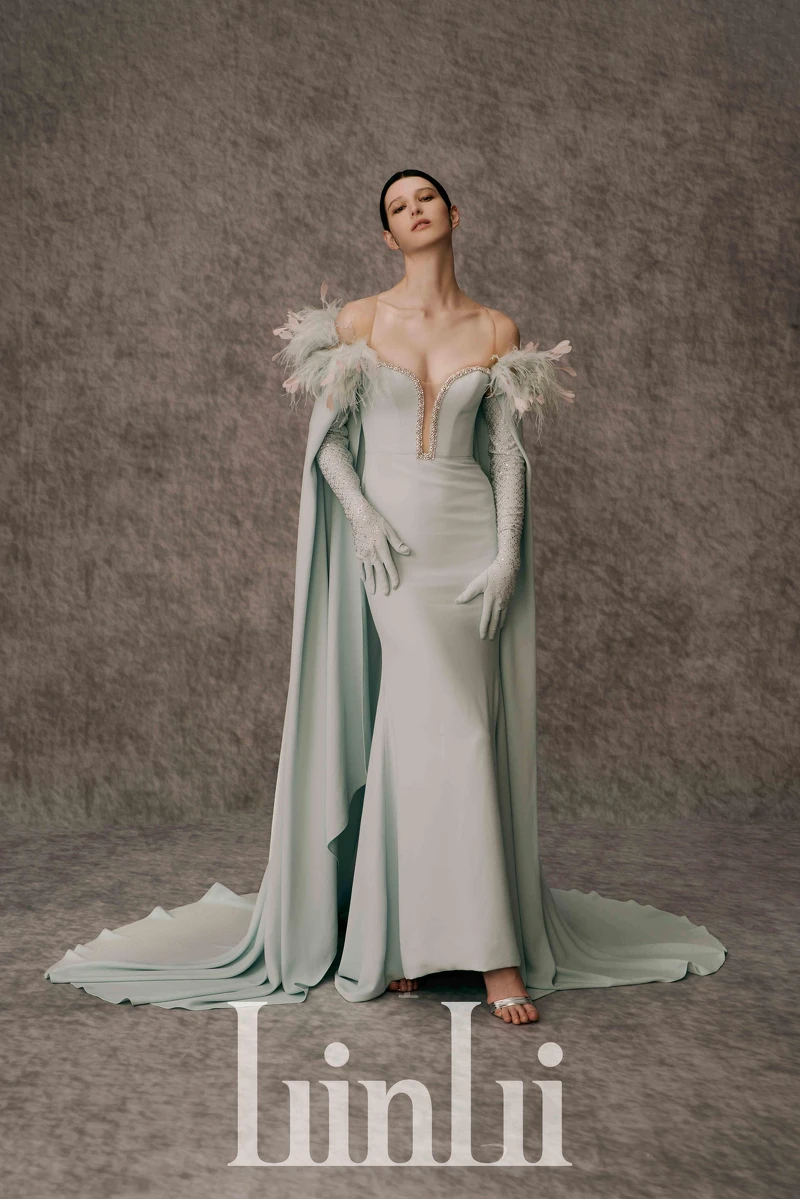 湖綠藍披風窄擺禮服