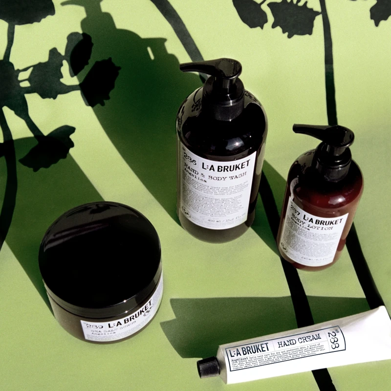 L:a Bruket 286潔膚露限量歐白芷450ml，NT1,200。287身體乳限量歐白芷 240ml，NT1,350。288護手霜限量歐白芷30ml，NT600、70ml，NT950。289身體去角質限量歐白芷420g，NT1,600