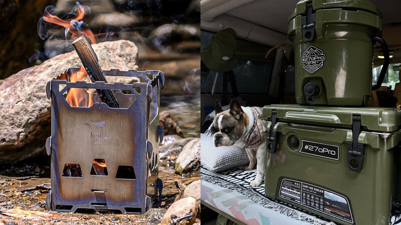 (左)僅A4大小!keith鎧斯極輕量可拆式純鈦柴火爐、(右)可防盜上鎖!#270Pro風格保冰桶。 (左)僅A4大小!keith鎧斯極輕量可拆式純鈦柴火爐、(右)可防盜上鎖!#270Pro風格保冰桶。