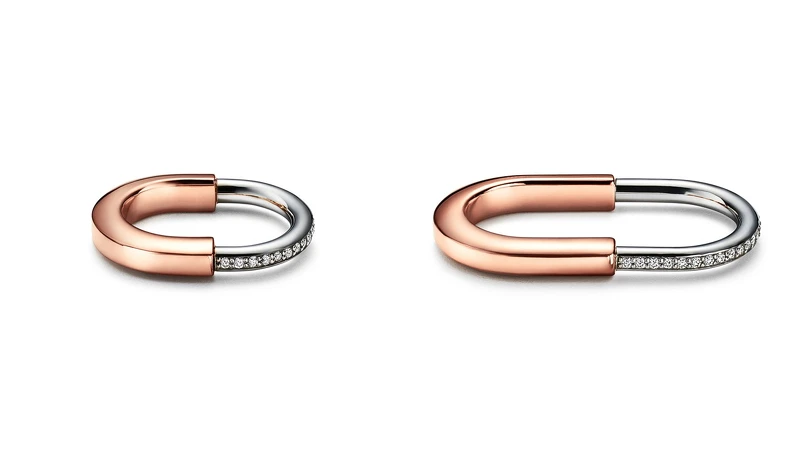 Tiffany Lock 18K白金與玫瑰金鑲鑽戒指、18K白金與玫瑰金鑲鑽雙指戒。