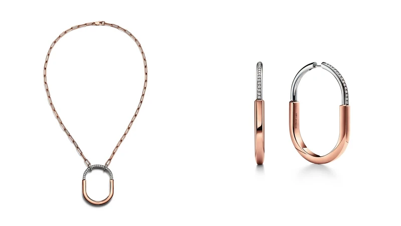 Tiffany Lock 18K白金與玫瑰金鑲鑽項鍊、18K白金與玫瑰金鑲鑽耳環。