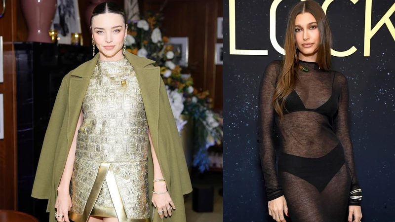 (左)超級名模米蘭達可兒(Miranda Kerr)佩戴Tiffany Lock系列作品、(右)超級名模海莉鮑德溫(Hailey Bieber)佩戴Tiffany Lock系列作品