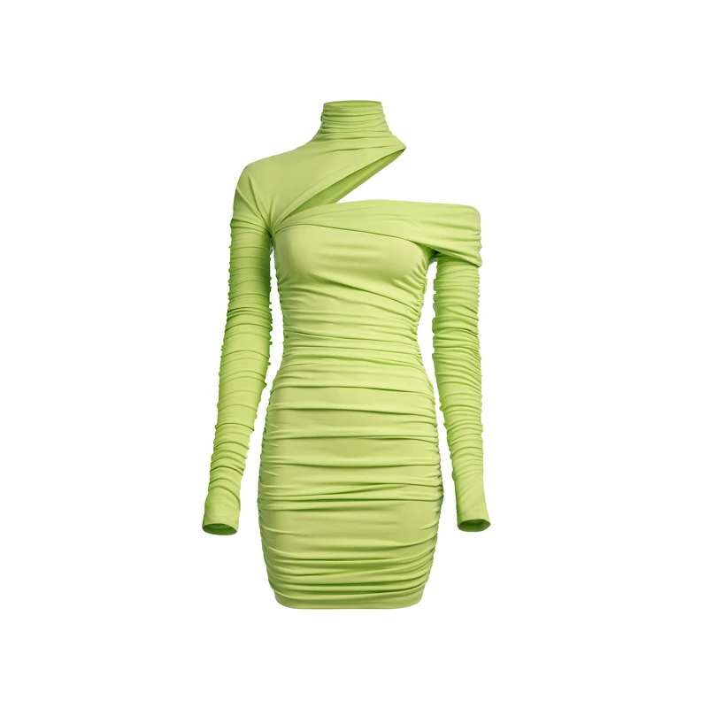 抓皺斜肩迷你洋裝，NT3499