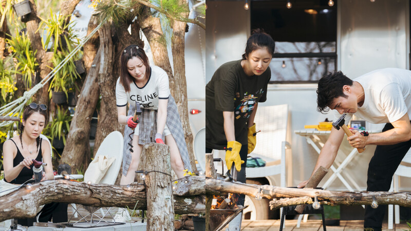 到營地後第一個挑戰任務就是劈柴燒水的難關，組員們正在齊心協力學習如何砍柴、生火。圖／TVBS提供