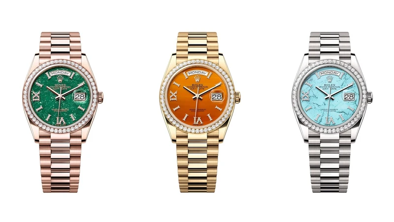 (由左至右)Oyster Perpetual Day-Date 36(蠔式恒動星期日曆型 36)腕錶:18K永恒玫瑰金搭配綠色砂金石錶面;18K黃金搭配紅玉髓錶面;18K白色黃金搭配綠松石錶面。 (由左至右)Oyster Perpetual Day-Date 36(蠔式恒動星期日曆型 36)腕錶:18K永恒玫瑰金搭配綠色砂金石錶面;18K黃金搭配紅玉髓錶面;18K白色黃金搭配綠松石錶面。