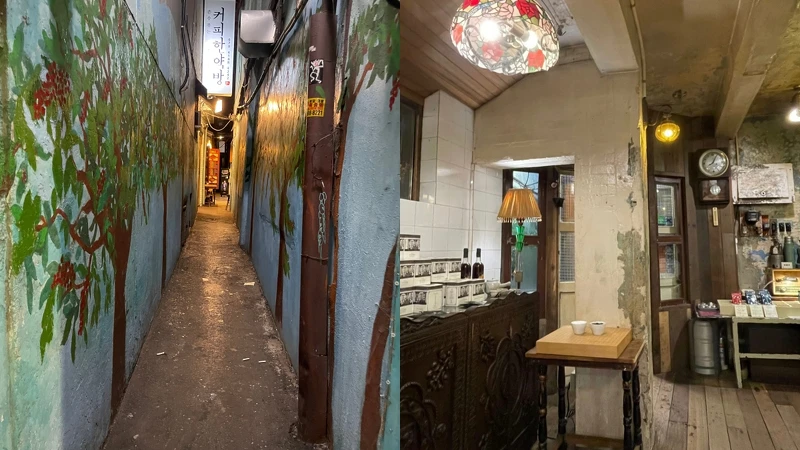 咖啡韓藥房入口巷子與一樓內部。 咖啡韓藥房入口巷子與一樓內部。