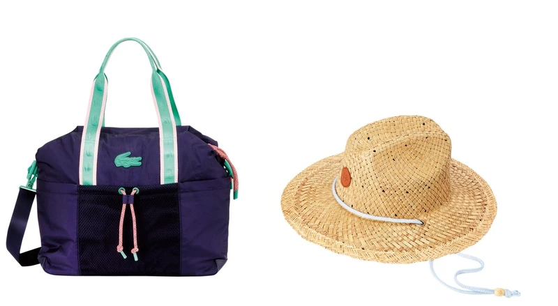繽紛拼色背包（Lacoste，E-DA $4,190）、藤編帽（ROXY，E-DA $1,240）。