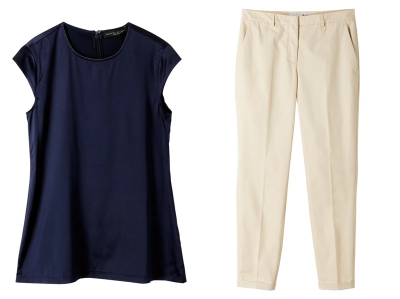 深藍上衣、米白褲（FABIANA FILIPPI，E-DA $9,000、E-DA $6,390）