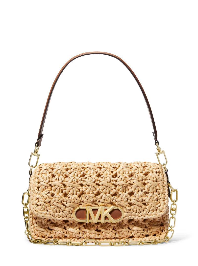 Michael Kors Parker米色草編金屬飾側背包,NT24,000。 Michael Kors Parker米色草編金屬飾側背包,NT24,000。
