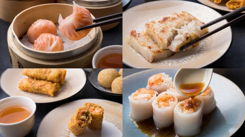 水晶鮮蝦餃、臘味蘿蔔糕、香茜腐皮捲、春風得意腸 水晶鮮蝦餃、臘味蘿蔔糕、香茜腐皮捲、春風得意腸