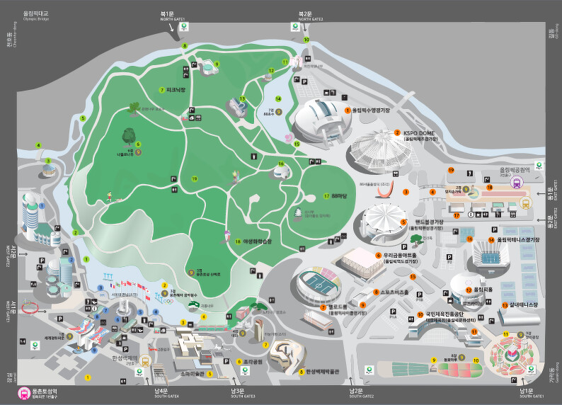 奧林匹克公園地圖，右下角圓形的地方就是玫瑰廣場(取自公園官網)