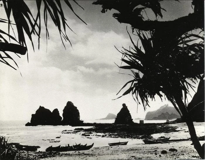 政治受難者歐陽文在綠島關押期間留下珍貴的風土人情攝影，圖為歐陽文〈林投樹與船〉