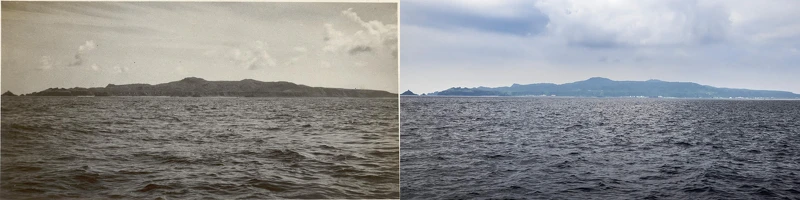 陳孟和＋後來的人們＋劉紀彤〈後來的人寄出的風景〉，左為政治受難者陳孟和乘船回望綠島時所拍攝之綠島全景照；右為2010年後人依循前輩足跡重新拍攝