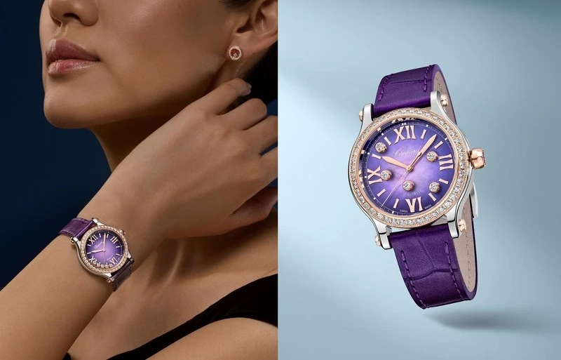 Happy Sport 系列精鋼玫瑰金鑽石腕錶，直徑33毫米，採用Lucent Steel™精鋼和符合倫理道德標準的18K玫瑰金材質，鑲鑽錶圈搭配紫色珍珠母貝錶盤，搭載蕭邦經典09.01-C型自動上鏈機芯，動力儲42小時，珠光紫色鱷魚皮錶帶。