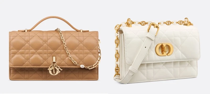 MISS DIOR中度古銅色Cannage籐格紋迷你包,NT79,000、DIOR Caro白色籐格紋小羊皮迷你鏈帶包,NT90,000。 MISS DIOR中度古銅色Cannage籐格紋迷你包,NT79,000、DIOR Caro白色籐格紋小羊皮迷你鏈帶包,NT90,000。