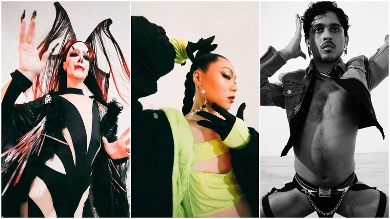 （Popcorn ）剪裁連體衣、剪裁踩腳褲襪 ，both by Mugler H&M。(Sann 007 )珍珠造型耳環 by zeit；螢光綠連體衣、剪裁黑絲褲、飛行外套 ，all by Mugler H&M。 （Berto Vase ）剪裁牛仔外套、造型項鍊、變形星星別針鏈飾、星星耳環，all by Mugler H&M。 