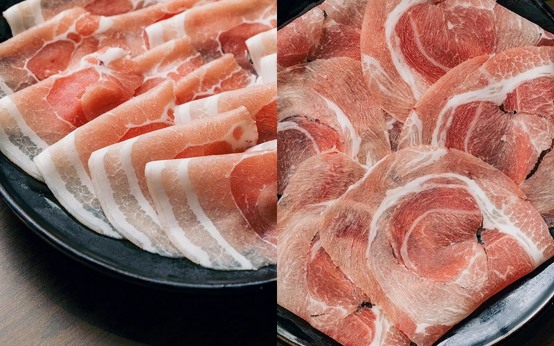 左為究好帶皮豬五花，右為究好豬胛心肉。