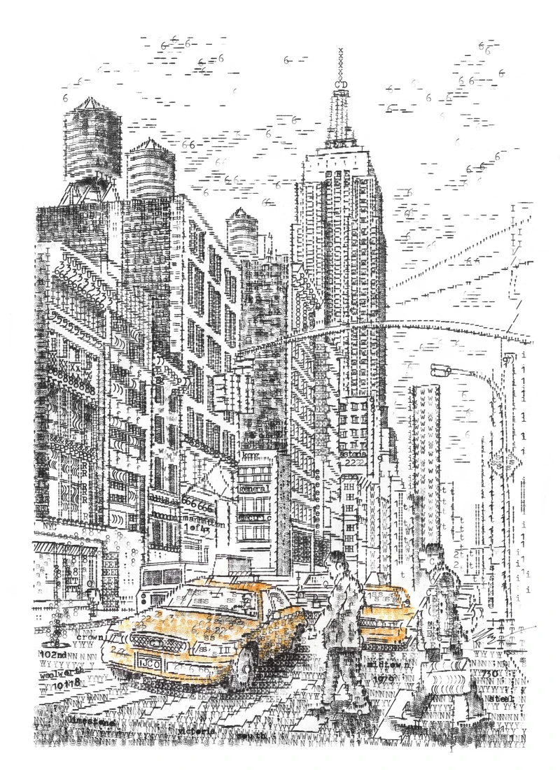 詹姆斯.庫克2022年以打字機創作的作品〈帝國大廈〉。詹姆斯.庫克提供。 詹姆斯.庫克2022年以打字機創作的作品〈帝國大廈〉。詹姆斯.庫克提供。