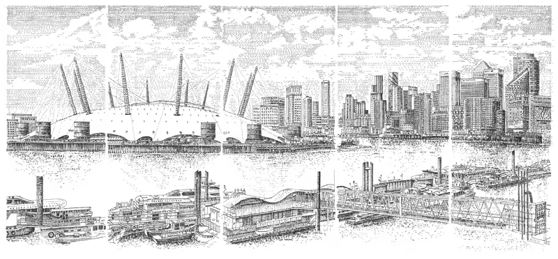 詹姆斯.庫克2021年以打字機創作的作品〈從三一浮標碼頭眺望的倫敦景色〉。詹姆斯.庫克提供。 詹姆斯.庫克2021年以打字機創作的作品〈從三一浮標碼頭眺望的倫敦景色〉。詹姆斯.庫克提供。