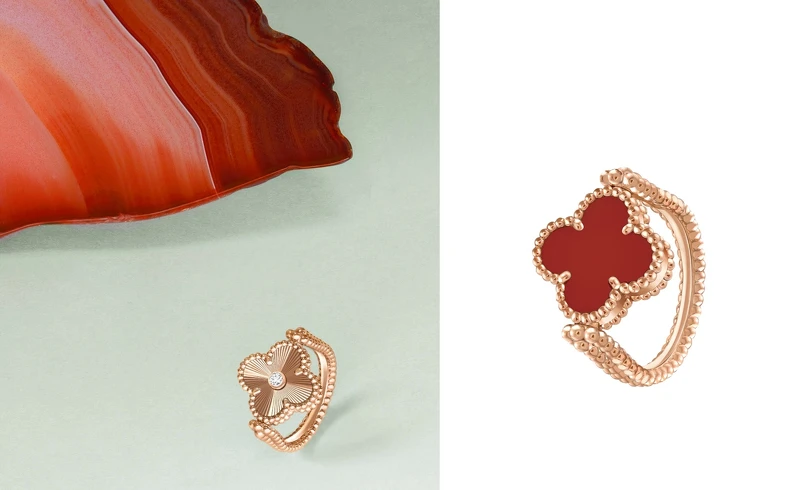 Alhambra雙面戒指(玫瑰金、璣鏤雕花玫瑰金、紅玉髓、鑽石)。 Alhambra雙面戒指(玫瑰金、璣鏤雕花玫瑰金、紅玉髓、鑽石)。