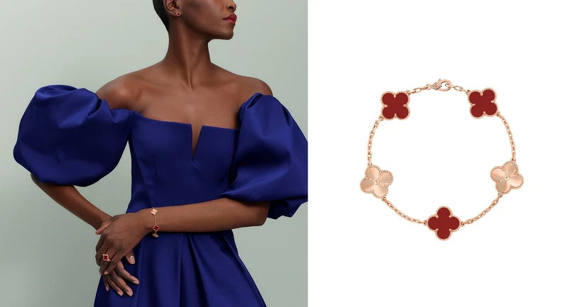 Alhambra手鍊,5枚四葉幸運圖騰(玫瑰金、璣鏤雕花玫瑰金、紅玉髓)。 Alhambra手鍊,5枚四葉幸運圖騰(玫瑰金、璣鏤雕花玫瑰金、紅玉髓)。