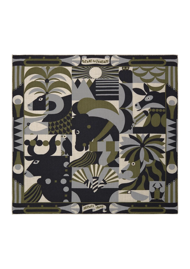 Parade en fanfare圖紋印花喀什米爾羊絨與真絲混紡方巾65 公分，14,200元。