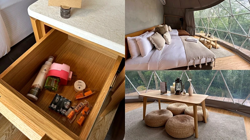 帳篷內貼心放置耳塞、液體電蚊香，為旅客營造良好睡眠品質