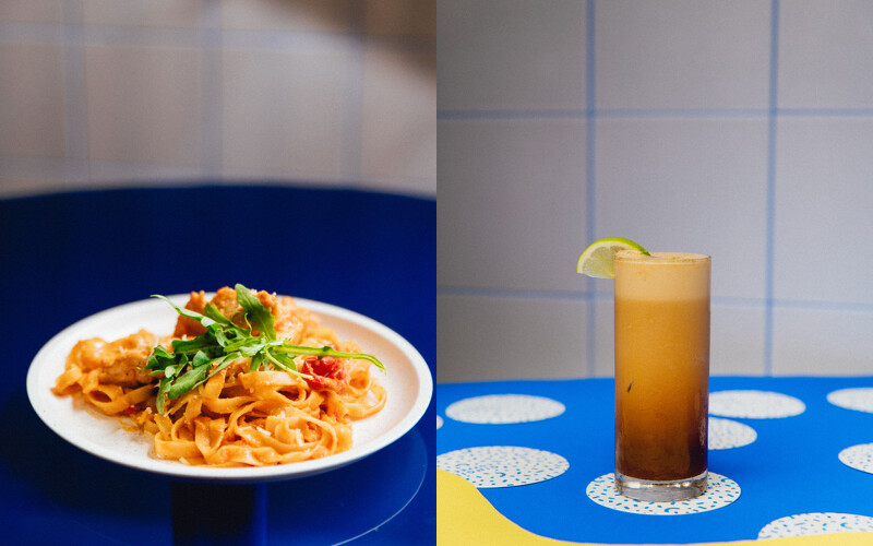 「明太子雞胸義大利麵」與「西西里咖啡」。 「明太子雞胸義大利麵」與「西西里咖啡」。