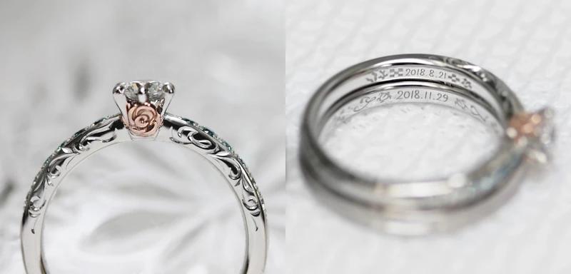 以沖繩為主題的訂製鑽戒,將求婚當日的海景與花束都凝縮於指間之中。 以沖繩為主題的訂製鑽戒,將求婚當日的海景與花束都凝縮於指間之中。