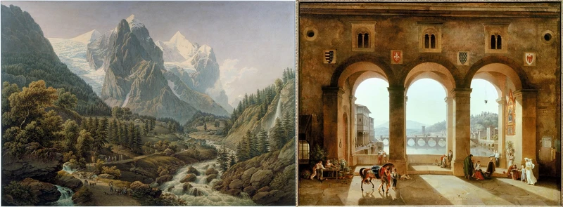 左:加布里埃爾•洛裡(Gabriel Lory the Elder),《維特霍恩峰與羅塞拉維山谷》(Wetterhorn and Rosenlaui》(細節),1817年,水彩,52 × 74釐米。伯爾尼美術館。© akg-images / André Held. 右:蘭斯洛特•西奧多•特平•德•克里塞(Lancelot-Théodore Turpin de Crissé),《佛羅倫斯老橋之景》(View of Florence,Ponte Vecchio)(細節),1812年,布面油畫,76 × 97釐米。呂埃-瑪律邁松,瑪律邁松與布瓦普萊城堡。© 照片何塞 / 收藏。 左:加布里埃爾•洛裡(Gabriel Lory the Elder),《維特霍恩峰與羅塞拉維山谷》(Wetterhorn and Rosenlaui》(細節),1817年,水彩,52 × 74釐米。伯爾尼美術館。© akg-images / André Held. 右:蘭斯洛特•西奧多•特平•德•克里塞(Lancelot-Théodore Turpin de Crissé),《佛羅倫斯老橋之景》(View of Florence,Ponte Vecchio)(細節),1812年,布面油畫,76 × 97釐米。呂埃-瑪律邁松,瑪律邁松與布瓦普萊城堡。© 照片何塞 / 收藏。