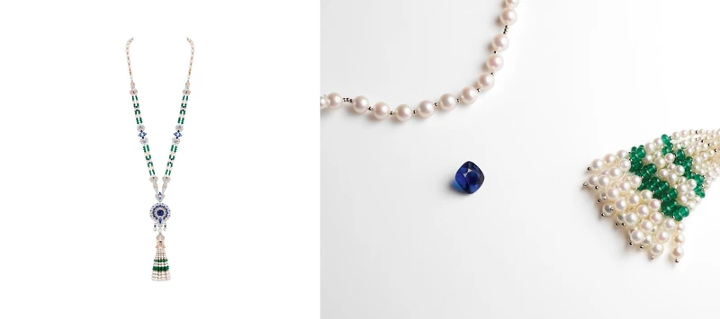 Diana可轉換式長項鍊。白K金、玫瑰金、一顆重達8.55克拉的枕形切割藍寶石(產自馬達加斯加)、藍寶石、祖母綠、白色養殖珍珠、鑽石。 Diana可轉換式長項鍊。白K金、玫瑰金、一顆重達8.55克拉的枕形切割藍寶石(產自馬達加斯加)、藍寶石、祖母綠、白色養殖珍珠、鑽石。