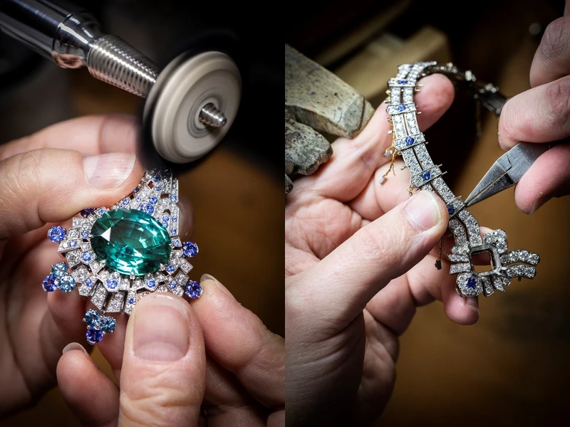 珠寶工匠為Regina montium可拆卸式胸針進行最後的拋光潤飾、組裝Regina montium項鍊。 珠寶工匠為Regina montium可拆卸式胸針進行最後的拋光潤飾、組裝Regina montium項鍊。