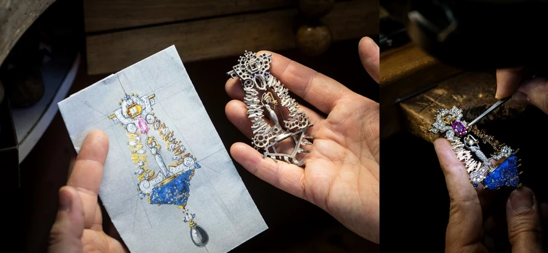 Dea eterna胸針的銀質模型、為Dea eterna胸針鑲嵌粉色藍寶石。 Dea eterna胸針的銀質模型、為Dea eterna胸針鑲嵌粉色藍寶石。