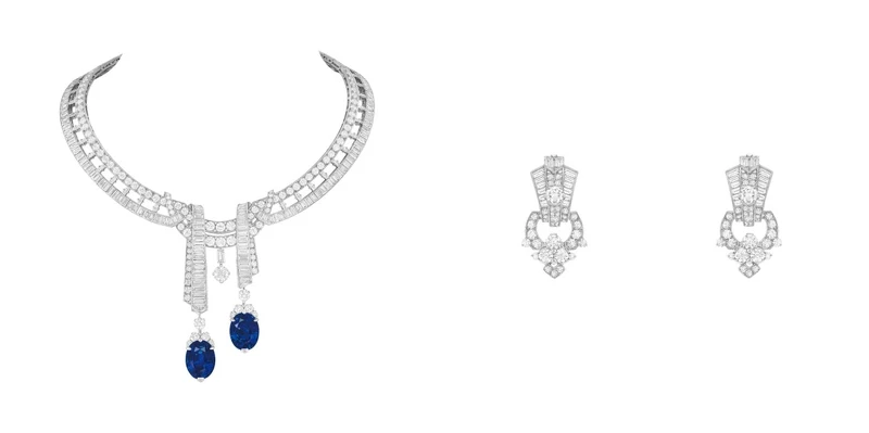 Josiah項鍊與耳環,及可拆卸式吊墜。白K金、兩顆分別重達25.10克拉及21.78克拉的橢圓形切割藍寶石(產自斯里蘭卡)、一顆重達1.55克拉的DIF級圓鑽、鑽石。 Josiah項鍊與耳環,及可拆卸式吊墜。白K金、兩顆分別重達25.10克拉及21.78克拉的橢圓形切割藍寶石(產自斯里蘭卡)、一顆重達1.55克拉的DIF級圓鑽、鑽石。