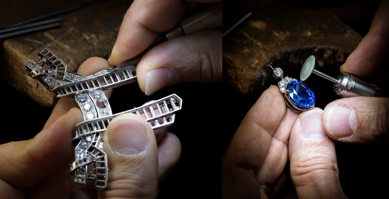 珠寶工匠為Laurier impérial胸針上的鑲座進行絲線拋光、替鑲嵌部分拋光。 珠寶工匠為Laurier impérial胸針上的鑲座進行絲線拋光、替鑲嵌部分拋光。