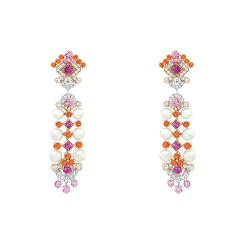 Carriera耳環 耳環及可拆卸式吊墜玫瑰金、白K金、粉紅色藍寶石、錳鋁榴石、白色養殖珍珠、鑽石。 Carriera耳環 耳環及可拆卸式吊墜玫瑰金、白K金、粉紅色藍寶石、錳鋁榴石、白色養殖珍珠、鑽石。