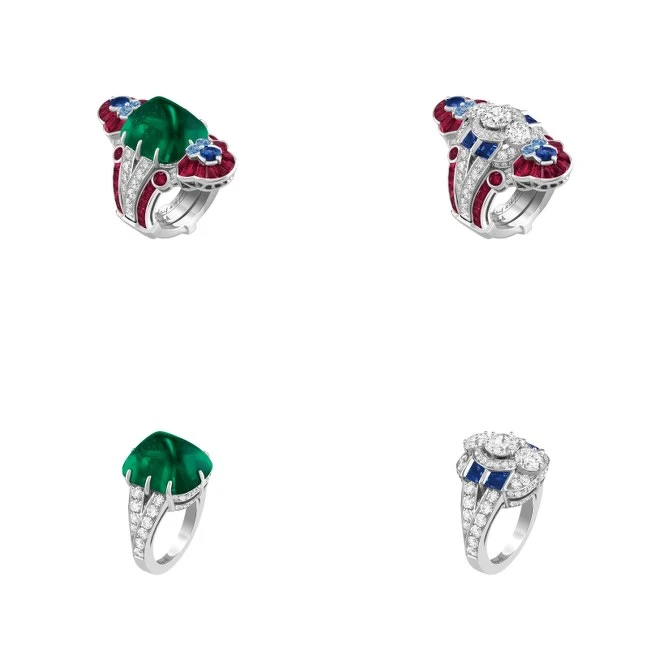 Jeu de colombage可轉換式戒指。白K金、一顆重達13.35克拉的糖塔形切割祖母綠(產自哥倫比亞)、紅寶石、藍寶石、鑽石;拆卸中間主石、周圍珠寶與彩寶部分則呈現出不同樣貌。 Jeu de colombage可轉換式戒指。白K金、一顆重達13.35克拉的糖塔形切割祖母綠(產自哥倫比亞)、紅寶石、藍寶石、鑽石;拆卸中間主石、周圍珠寶與彩寶部分則呈現出不同樣貌。