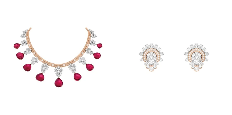 Villanova項鍊與耳環 及可拆卸式吊墜白K金、玫瑰金、九顆總重達110.04克拉的凸圓形切割紅碧璽、鑽石。 Villanova項鍊與耳環 及可拆卸式吊墜白K金、玫瑰金、九顆總重達110.04克拉的凸圓形切割紅碧璽、鑽石。