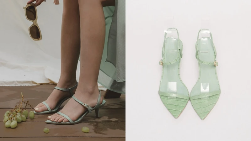Grace Gift尖頭一字繫踝中跟涼鞋NT$999。