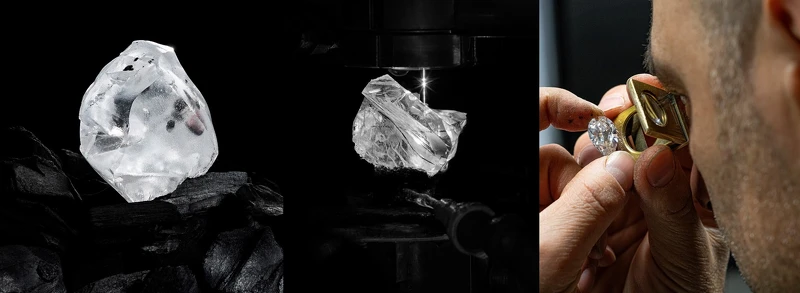 左:©IlanTaché_名為「Lesotho Legend」的原石。中:©IlanTaché_Lesotho Legend的解理結構。右:©IlanTaché_調校鑽石的切割面。 左:©IlanTaché_名為「Lesotho Legend」的原石。中:©IlanTaché_Lesotho Legend的解理結構。右:©IlanTaché_調校鑽石的切割面。