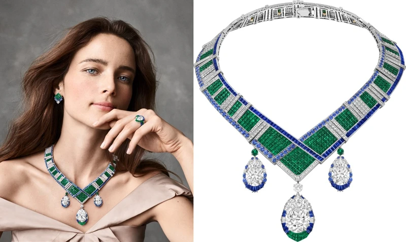 Chevron Mystérieux項鍊及耳環連可拆式吊墜,白K金、玫瑰金、三顆分別重約31.24、12.18及12.07克拉的DFL級Type2A梨形切割鑽石、一顆重約1.08克拉DFL級Type2A圓鑽、Traditional Mystery Set傳統隱密式鑲嵌祖母綠、祖母綠、藍寶石、鑽石。 Chevron Mystérieux項鍊及耳環連可拆式吊墜,白K金、玫瑰金、三顆分別重約31.24、12.18及12.07克拉的DFL級Type2A梨形切割鑽石、一顆重約1.08克拉DFL級Type2A圓鑽、Traditional Mystery Set傳統隱密式鑲嵌祖母綠、祖母綠、藍寶石、鑽石。