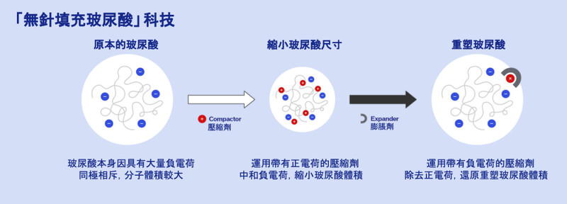 資生堂「無針填充玻尿酸科技」原理示意圖。 資生堂「無針填充玻尿酸科技」原理示意圖。