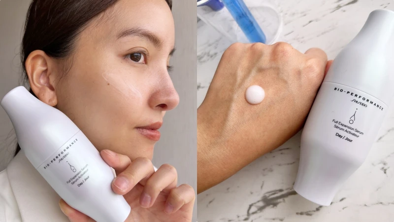 模特兒示範使用資生堂日間分子玻尿酸精華。 模特兒示範使用資生堂日間分子玻尿酸精華。