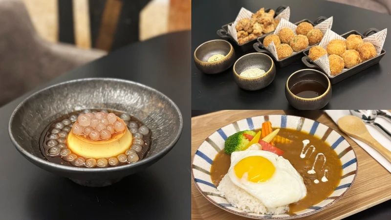 手工布丁、唐揚雞、炸蝦球、可樂餅、咖哩飯