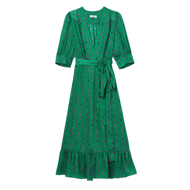 SANDRO 綠色印花綁帶長洋裝，價格店洽。