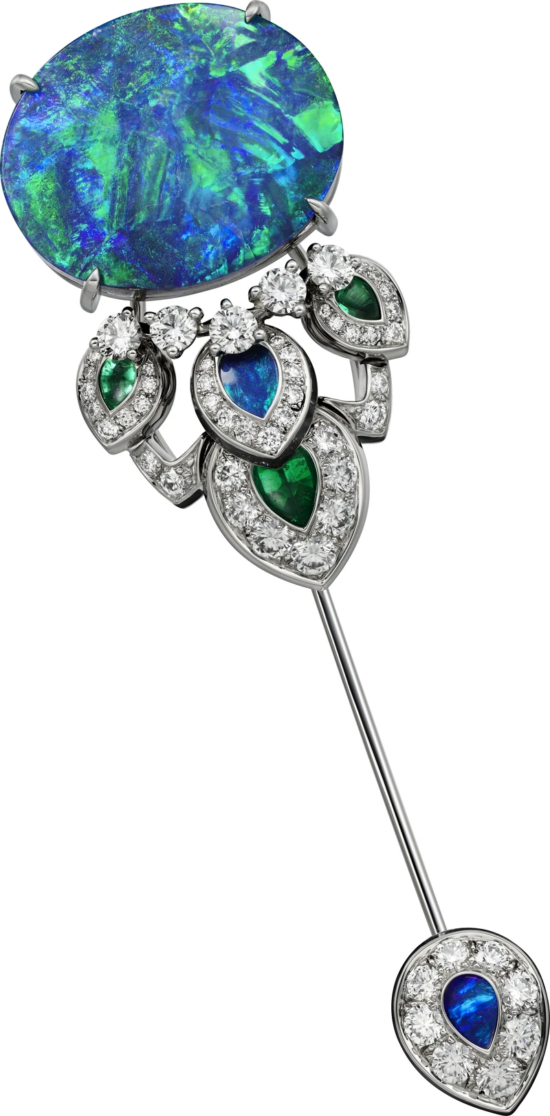 鉑金、一顆來自尚比亞的21.18 克拉橢圓形凸圓面切割祖母綠、兩顆來自澳洲的橢圓形凸圓面切割礫背蛋白石,總重22.78 克拉,祖母綠、蛋白石、黑色真漆、明亮式切割鑽石。主蛋白石可拆卸作為單獨的胸針配戴。參考價格約NT$ 57,000,000 鉑金、一顆來自尚比亞的21.18 克拉橢圓形凸圓面切割祖母綠、兩顆來自澳洲的橢圓形凸圓面切割礫背蛋白石,總重22.78 克拉,祖母綠、蛋白石、黑色真漆、明亮式切割鑽石。主蛋白石可拆卸作為單獨的胸針配戴。參考價格約NT$ 57,000,000