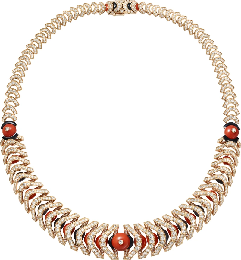 玫瑰金,珊瑚圓珠,珊瑚和縞瑪瑙圖案,圓形明亮式切割鑽石。參考價格約NT$ 12,000,000 玫瑰金,珊瑚圓珠,珊瑚和縞瑪瑙圖案,圓形明亮式切割鑽石。參考價格約NT$ 12,000,000