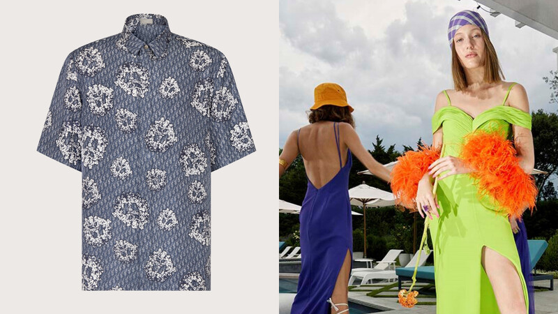(左)Dior單寧藍OBLIQUE印花短袖襯衫、(右)VERA WANG GILANA雪紡長禮服。 (左)Dior單寧藍OBLIQUE印花短袖襯衫、(右)VERA WANG GILANA雪紡長禮服。