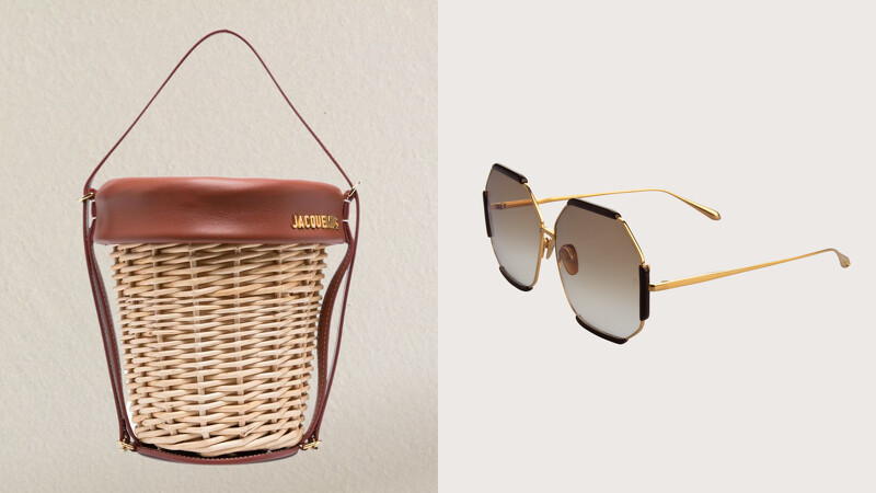 (左)TRENDS JACQUEMUS藤編水桶包、(右)2020 EYEHAUS LINDA FARROW MARGOT系列黑金配色太陽眼鏡。 (左)TRENDS JACQUEMUS藤編水桶包、(右)2020 EYEHAUS LINDA FARROW MARGOT系列黑金配色太陽眼鏡。